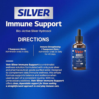 Vetr Silver Immune Support for Dogs and Cats, 4oz/120mL Liquid in Amber Bottle with Oral Dropper, Professional Grade Colloidal Silver Supplement for Daily Wellness and Seasonal Defense