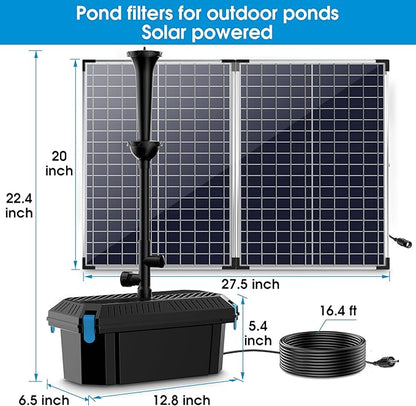 Biling Solar Pond Pump with Pond Filter, 70W Solar Panel, 660 GPH Solar Fountain Pump with Pond Filter Box Outdoor for Garden Ponds Water Feature Waterfall Pool