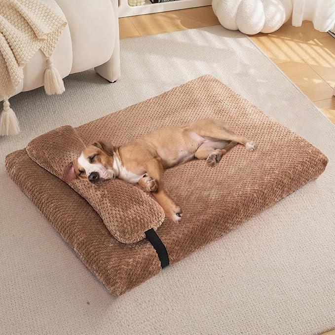 huraty Orthopedic Dog Bed with Bolster Pillow, Soft Plush Pet Bed Mat Non-Slip Bottom, Washable Pet Bed Mattress for Crate Kennel Suitable for Pets Up to 10 lbs, Brown 19.6x15.7x2 in