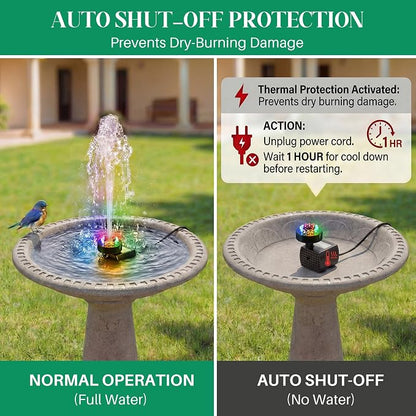 Bird Bath Fountains with 12 LED Lights, 24 Hour Working Fountain Pump with Light, Adjustable Watering Submersible Pump for Outdoor Water Garden, Pond (Colorful)