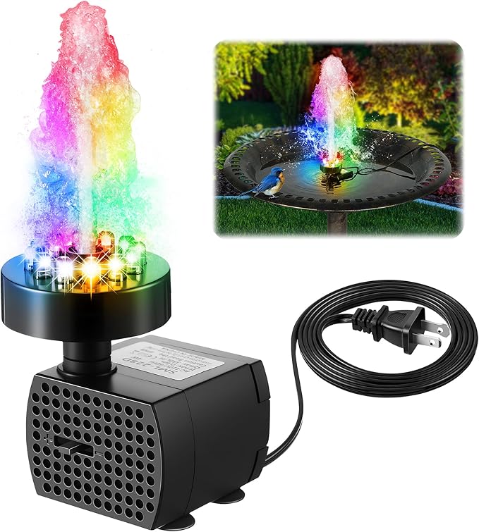 Bird Bath Fountains with 12 LED Lights, 24 Hour Working Fountain Pump with Light, Adjustable Watering Submersible Pump for Outdoor Water Garden, Pond (Colorful)