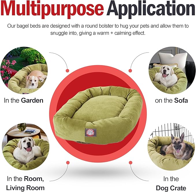 Majestic Pet 52 Inch Micro Velvet Calming Dog Bed Washable – Cozy Soft Round Dog Bed with Spine for Head Support - Fluffy Donut Puppy Mat 52x35x11 (inch) X- Large – Apple (2025)