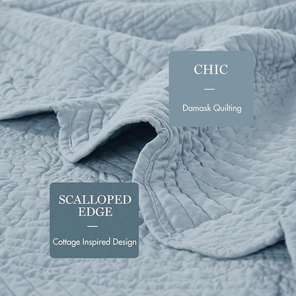 Madison Park Luxe Quilted Throw Blanket - Damask Stitching Design, Cotton Filled Spread, Ultra Soft, Cozy Bedding for Living Room Couch, Sofa, Bed, 60x72, Scalloped-Border Blue