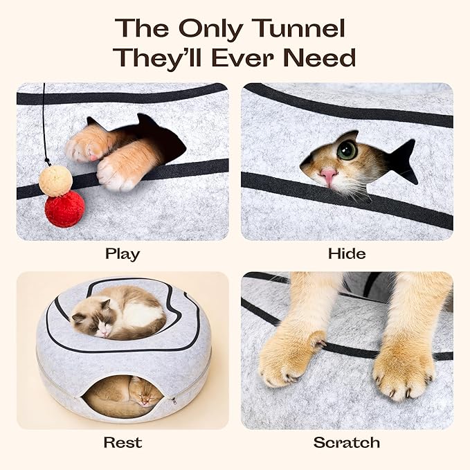 Meowfia Hideout Peekaboo Cat Cave – Donut Tunnel Bed Enclosure for Indoor Cats – Multi-Cat Hideaway in Cute Patterns (Dark Grey)