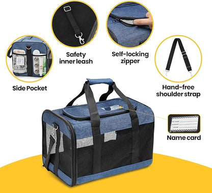 Conlun Dog Carrier Soft Sided, Large Cat Carrier with Inner Safety Leash, Pet Transport Carrier for Large Cats and Medium Dogs up to 20 Lbs, Collapsible Travel Puppy Carrier Bag -Blue L