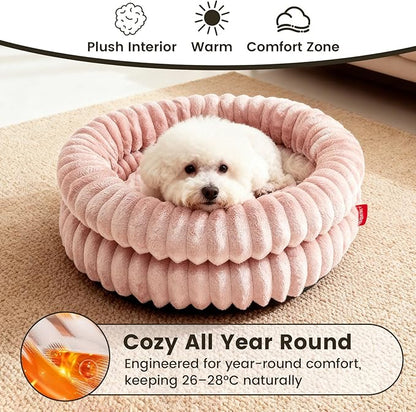 Cat Beds for Indoor Cats, Machine Washable Orthopedic Donut Dog Bed for Small Dogs, Fluffy Warm Thermal Round Pet Bed with Anti-Slip Bottom for Puppy and Kitten, Dark Pink, 20"x20"x6.5"