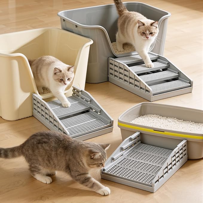 Adjustable Litter Box Step for Cats, 4-Layer Cat Litter Catcher Ramp, Cat Steps for Litter Box, for Kittens Senior Cats, Easy Clean, Grey