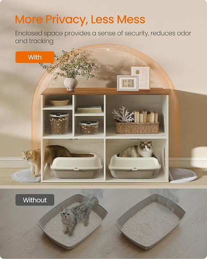 Feandrea Litter Box Enclosure for 2 Cats, Hidden Litter Box Furniture with Storage Cabinet, Double Room, Farmhouse Indoor Cat House Washroom, Honey Brown and Rustic White UPCL032WJ03