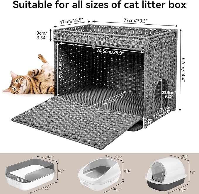 Cat Litter Box Enclosure Furniture Hidden, Pet House Litter Box Furniture for Large Cats, Handwoven Rattan with Door Cat Washroom Box, Indoor Cat House Storage with Soft Litter Mat, Grey