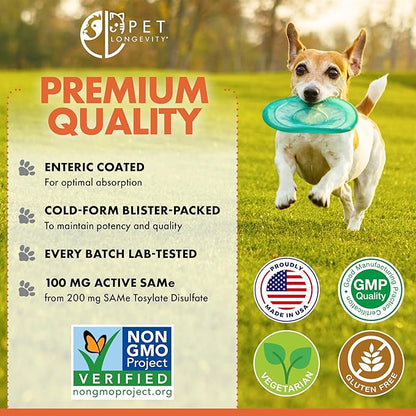 Same 100 mg Pet Supplements – Liver and Joint Support for Cats, Small Dogs with Elevated Enzymes – S Adenosyl Methionine - 50 Gluten Free Enteric Coated Tablets – Non GMO Certified
