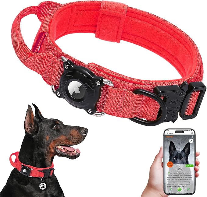 Smart Waterproof AirTag Dog Collar with QR Code ID Tag, Anti-Lost Tactical Dog Collar with Built-in AirTag Holder, Metal Buckle & Control Handle, GPS Tracker Collar for Medium to Large Dogs (Red, L)