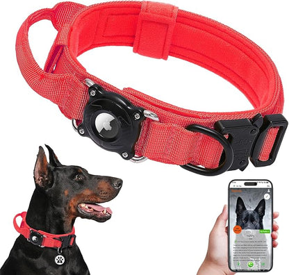 Smart Waterproof AirTag Dog Collar with QR Code ID Tag, Anti-Lost Tactical Dog Collar with Built-in AirTag Holder, Metal Buckle & Control Handle, GPS Tracker Collar for Medium to Large Dogs (Red, L)