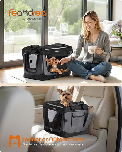 Feandrea Collapsible Dog Crate, 20-Inch Portable Dog Travel Crate for Small Dogs, Oxford Fabric Pet Carrier with 4 Mesh Doors, Handles, Storage Pocket, Water Bottle Holder, Ink Black UPDC015BH02