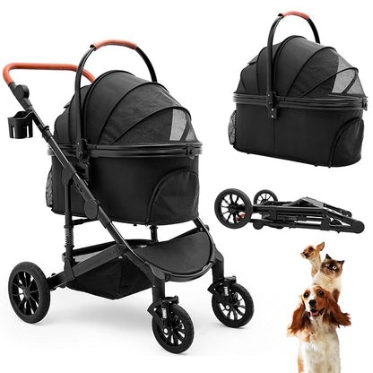 Bicystar Pet Stroller for Medium Dogs, Smooth-Ride Dog Stroller with Detachable Carrier, Rubber Wheels, Car Seat Combo 3-in-1, Up to 50 lbs, for Senior Dogs & Cats, Black