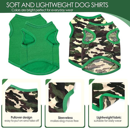 2 Pack Dog Shirts for Small Dogs Girl Boy Camouflage Puppy Clothes Pet T Shirts Dog Clothes for Small Dogs Cats Apparel (Green Camouflage + Solid Color, Small)