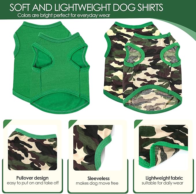 2 Pack Dog Clothes for Small Dogs Boy Girl Summer Camo Puppy Clothes Pet Tshirt Dog Shirts for Small Dogs Cats Apparel Tank Top, for Chihuahuas Yorkies Toy Poodle, Green Camouflage + Solid (XS)