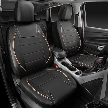 CAR PASS Universal FIT Piping Leather Car Seat Cover, for suvs,Van,Trucks,Airbag Compatible,Inside Zipper Design and Reserved Opening Holes (Full Set, Black and Beige)