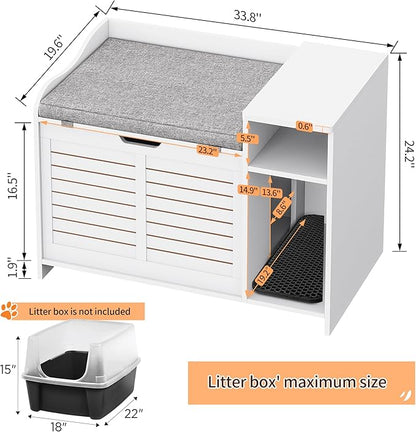Cat Litter Box Enclosures Large Hidden Cat Litter Box Furniture Enclosure w/Top Opening Door, Wooden End Table Pet House w/Storage Shelf, Cushion & Mat, Dog Proof Design for Easy Cleaning