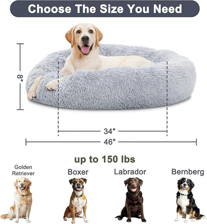 ELSKER&HOME Calming Dog Bed,Donut Washable Warming Soft Round 46 inches Dog Beds for Large Dogs,Anti-Anxiety Fluffy Plush Cushion Bed Fits up to 160 lbs Pets