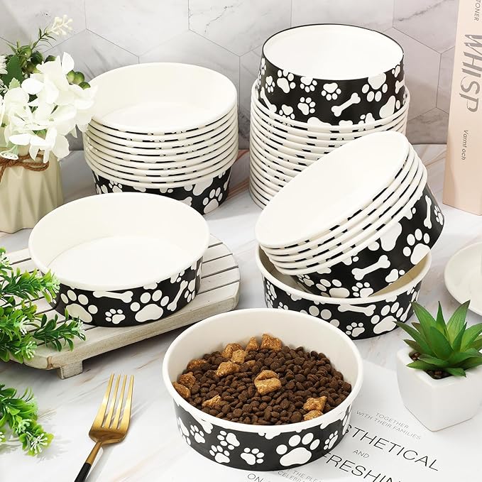 Whaline 50Pcs Pet Disposable Feeding Bowls Black White Paper Dog Bowls Small Dog Dish 16oz 2 Cup Pet Food Bowls Serving Food Tray for Puppy Cat Travel Wet Dry Food Water