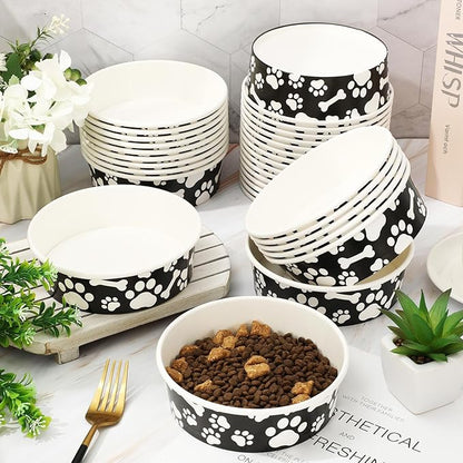 Whaline 50Pcs Pet Disposable Feeding Bowls Black White Paper Dog Bowls Small Dog Dish 16oz 2 Cup Pet Food Bowls Serving Food Tray for Puppy Cat Travel Wet Dry Food Water