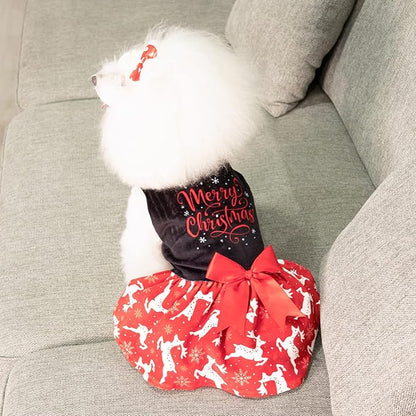 CuteBone Merry Christmas Dog Dress Velvet for Small Dogs Girl Reindeer Puppy Dresses Red Dog Clothes CVA04L-D