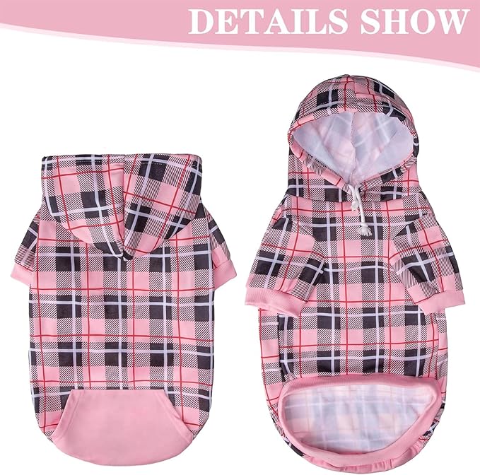 EXPAWLORER Plaid Dog Hoodie - British Style Warm Dog Sweater Shirt with Leash Hole,Pitbull Clothes Outfits,Winter Coat Apparel for All Breeds Puppy Girl Boy-Cat Apparel,Pink Small