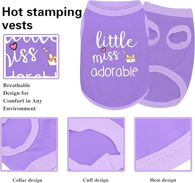 Cotton Dog Shirt with 'Little Miss Adorable' Corgi Head Print, Soft & Breathable Pet Apparel for Small, Medium, and Large Dogs, All-Season Sleeveless Vest, Cute and Comfortable Dog Outfit.Purple L