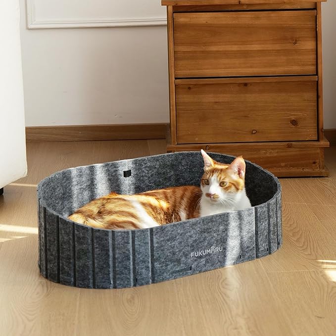 FUKUMARU Cat Beds for Indoor Cats, 24 Inch Large Cat Couch Bed with Cozy Faux Rabbit Fur Cushion, Felt Cats House Sofa in Oval Shape, Grey