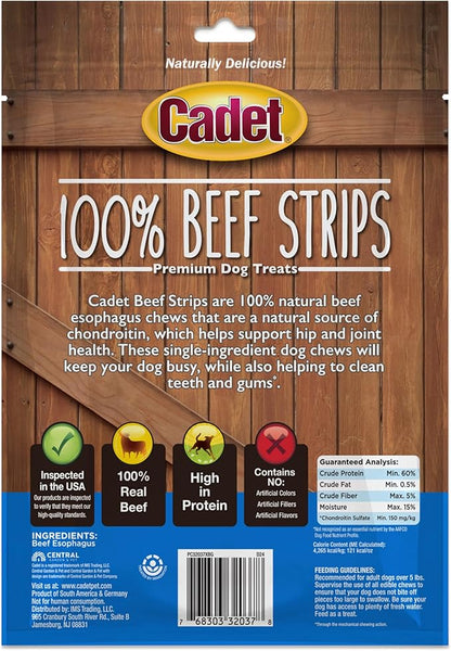 Cadet 100% Beef Strip Long Lasting Chews for Dogs, Single Ingredient Beef Esophagus Dog Treats, Natural High Protein Rawhide Alternative for Small & Large Dogs, 4 Ounce