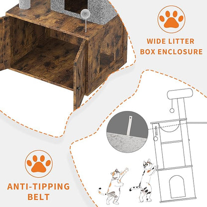 Cat Tree with Litter Box Enclosure Large, Multilevel Cat Play House with Large Condo, Spacious Hammock, Cozy Top Perch,Scratching Post and Dangling Balls