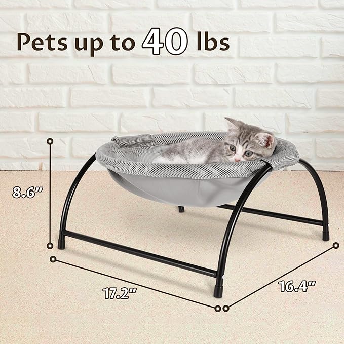 Elevated Cat Hammock Bed - Breathable Mesh & Powder-Coated Steel Frame, Detachable Machine Washable Pet Bed with Anti-Slip Pads, Indoor/Outdoor Use, Easy Tool-Free Assembly