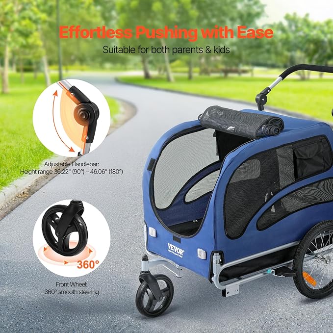 VEVOR Dog Bike Trailer, Supports up to 66/88/100 lbs, 2-in-1 Pet Stroller Cart Bicycle Carrier, Easy Folding Cart Frame with Quick Release Wheels, Universal Bicycle Coupler, Reflectors, Flag