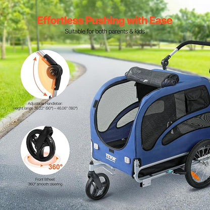 VEVOR Dog Bike Trailer, Supports up to 66/88/100 lbs, 2-in-1 Pet Stroller Cart Bicycle Carrier, Easy Folding Cart Frame with Quick Release Wheels, Universal Bicycle Coupler, Reflectors, Flag