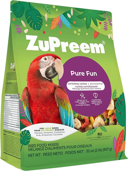 ZuPreem Pure Fun Bird Food, Amazon, Cockatoo, Macaw, Seed and Pellet Blend for Large Birds, Food Mixer Topper, Enriching Variety, Made in USA, Bird Seed for Large Birds (L, 2 lbs)