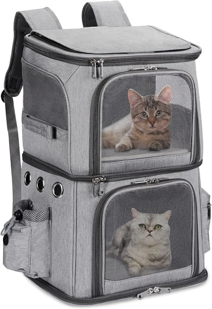 HOVONO Double-Compartment Pet Carrier Backpack for Small Cats and Dogs, Cat Travel Carrier for 2 Cats, Perfect for Traveling/Hiking/Camping, Grey, XL