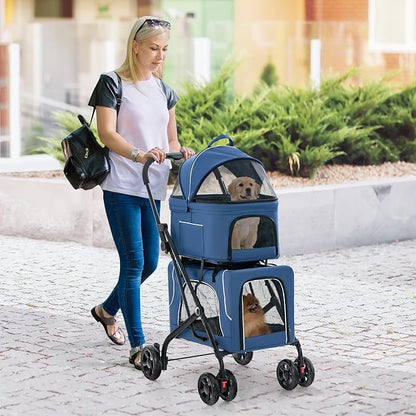 Pet Stroller with Detachable Carriers, Adjustable Cat Stroller for Small & Medium Pets, 4-in-1 Cat Carriers with Safety Belt and Lockable Wheels, Navy Blue