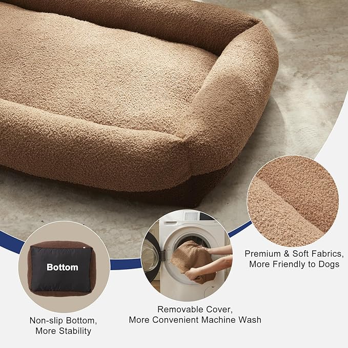 FURTIME Dog Bed Large Sized Dogs, Washable Comfy Fluffy Medium Dog Bed, Removable Zipper Cover Machine Wash, Soft Orthopedic Bed Durable Pet Cuddler with Anti-Slip Bottom, 36"x27"x8",Brown