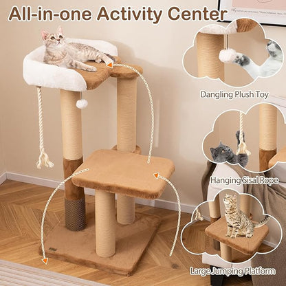 PETSITE 44-inch Modern Cat Tree for Indoor Cats, Multi-Level Cat Tower with Paper Rope Scratching Posts, Self Groomer, Sisal Rope, Soft Faux Rabbit Fur Covered Platforms, and Dangling Ball