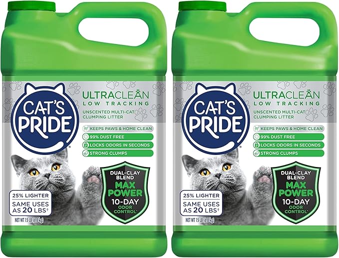 Cat's Pride Max Power: UltraClean Low Tracking Multi-Cat Clumping Litter - Keeps Paws & Home Clean - Up to 10 Days of Powerful Odor Control - 99% Dust Free - Unscented,15 Pounds,(Pack of 2)