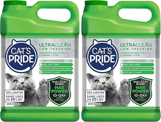 Cat's Pride Max Power: UltraClean Low Tracking Multi-Cat Clumping Litter - Keeps Paws & Home Clean - Up to 10 Days of Powerful Odor Control - 99% Dust Free - Unscented,15 Pounds,(Pack of 2)