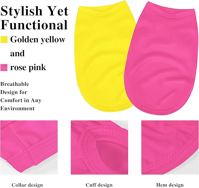2 Pack Solid Color Dog Shirts - Lightweight, Quick Dry, Breathable Pet T-Shirts for Small to Large Dogs - Stretchy, Durable, Ideal for All Seasons and Holidays.Rose red&Yellow S