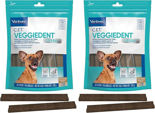 Virbac C.E.T. VEGGIEDENT FR3SH Tartar Control Chews for Dogs, Extra Small, 8 oz, (Pack of 2)