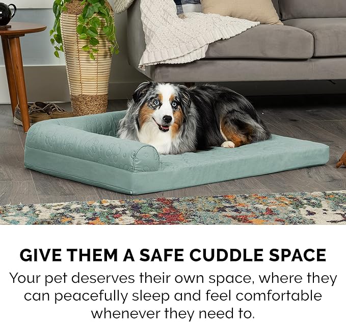 Furhaven Orthopedic Dog Bed for Large/Medium Dogs w/ Removable Bolsters & Washable Cover, For Dogs Up to 55 lbs - Pinsonic Quilted Paw L Shaped Chaise - Iceberg Green, Large