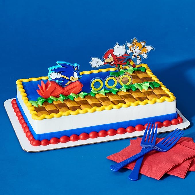 DecoSet Sonic The Hedgehog Cake Topper, 3-Piece Decoration Set With Tails & Knuckles Cake Pic, Rings Cake Pic And Rolling Sonic Action Figurine, For Birthday And Celebrations