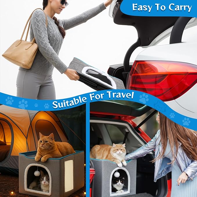 Cinnvoice Heated Cat Bed Indoor for Cats Heated Cat House with 2 Pcs Self Warming Cats Bed 1pc Blankets Self Heating Cube Shelter Cave Condo with Scratch Pad Fluffy Ball for Winter Pet Small Dog