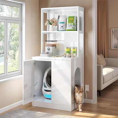 DWVO Large Hidden Litter Box Furniture with Shelves & Charging Station, High-Gloss Modern Cat Litters Box Enclosure for Self-Cleaning Litter Boxes, Wooden Secret Cat Cabinet, White