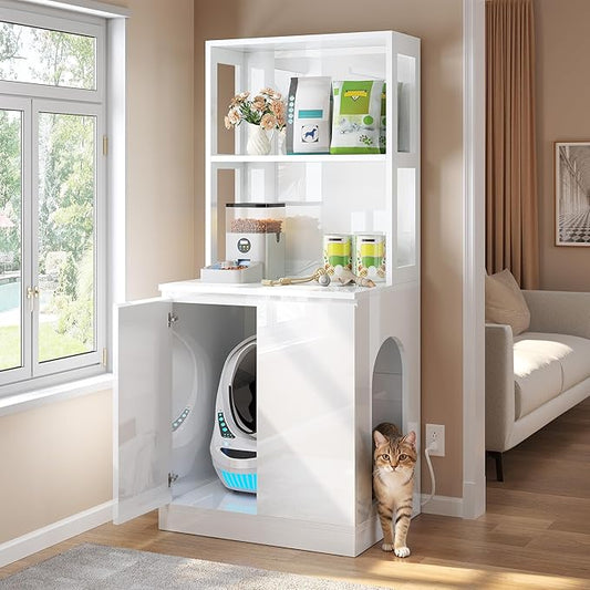 DWVO Large Hidden Litter Box Furniture with Shelves & Charging Station, High-Gloss Modern Cat Litters Box Enclosure for Self-Cleaning Litter Boxes, Wooden Secret Cat Cabinet, White
