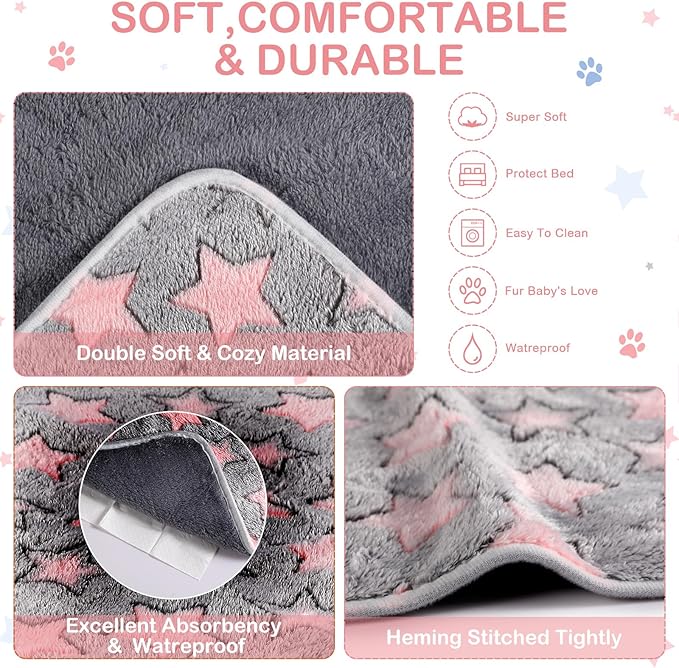 Reginary 4 Pcs Waterproof Guinea Pig Blankets Washable Small Animal Fleece Bedding Guinea Pig Cage Liners Reusable Training Pads Pet Pee Pad Sleep Mat for Hamster(Cute Star Pattern,24 x 16 Inch)