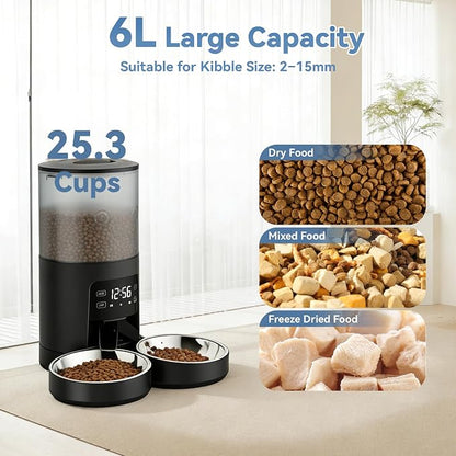 Sweetcrispy Automatic Cat Feeder for 2 Cats, 6L Automatic Pet Feeder, Black | 25.3 Cups, 2 Stainless Bowls, Programmable Schedule, 6 Meals/Day, 50 Portions/Meal, Dual Power Supply, 10s Meal Call
